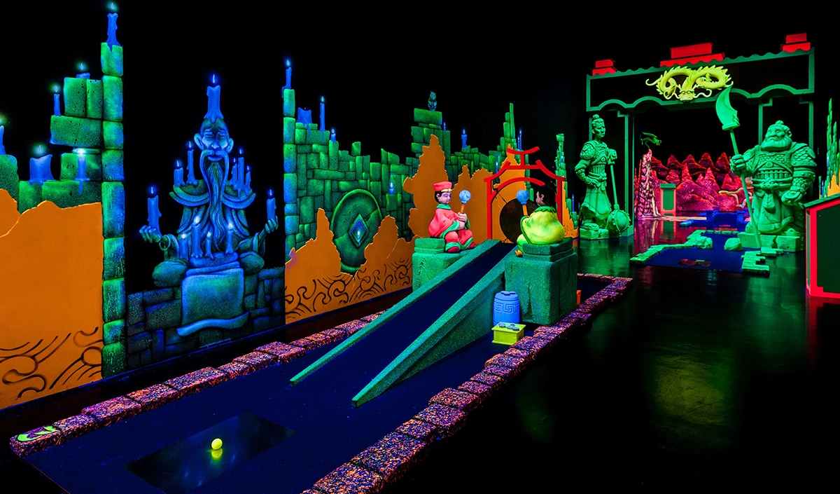 Glow in the dark mini golf with Asian theme
